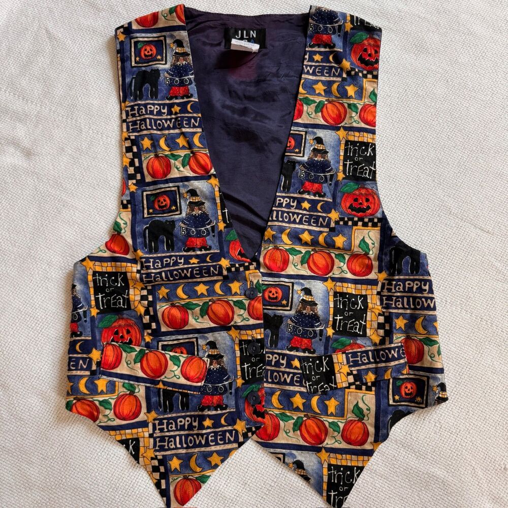JLN Vintage Halloween Graphic Vest - Pumpkins & Witches Print - Size S teacher